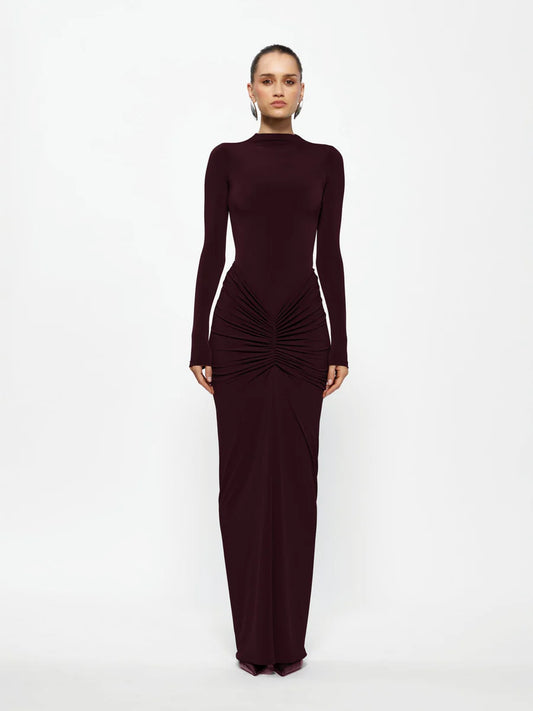 Tia Bodysuit and Kayson Maxi Skirt in Black Cherry