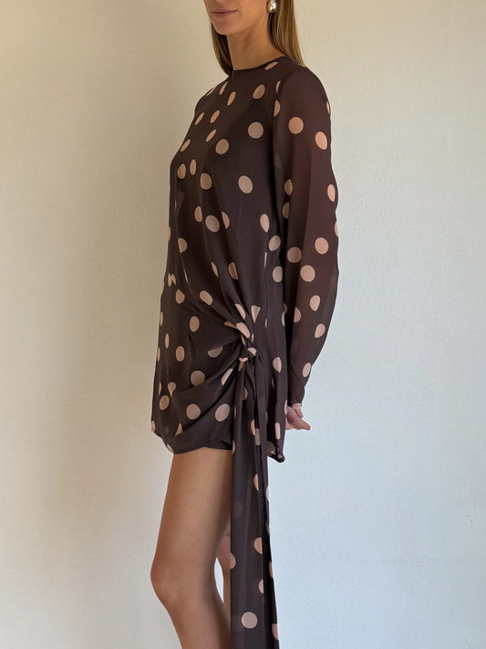 By Nicola Elodie Mini Dress In Chocolate Polka - Size 8