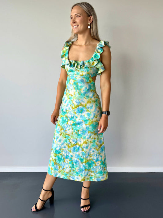 High Tide Frill Midi Dress in Aqua