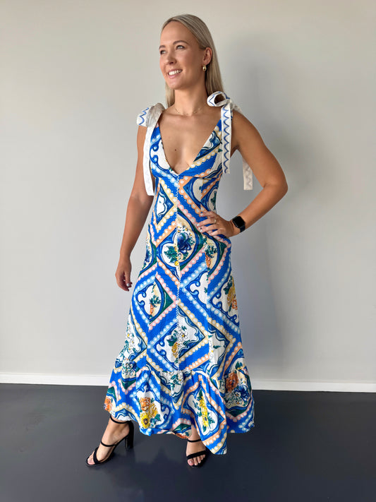 Adoncia Tie Shoulder Maxi Dress in Azure Floral