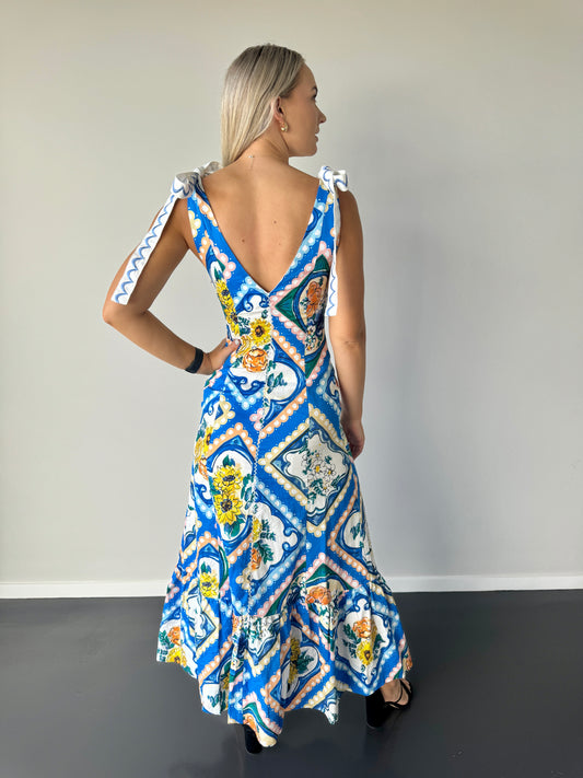 By Nicola Adoncia Tie Shoulder Maxi Dress in Azure Floral - Size 6