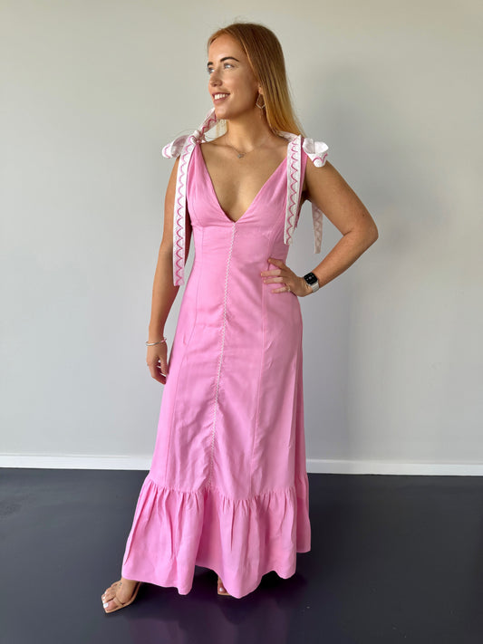 By Nicola Adoncia Tie Shoulder Maxi Dress in Valentine Pink - Size 10