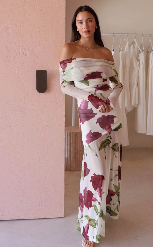 By Nicola Belle Maxi Dress In Bordeaux Floral - Size 8