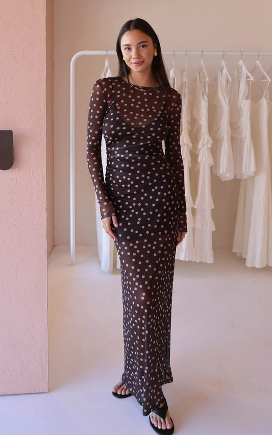 By Nicola Luca Maxi Dress In Chocolate Polka - Size 8