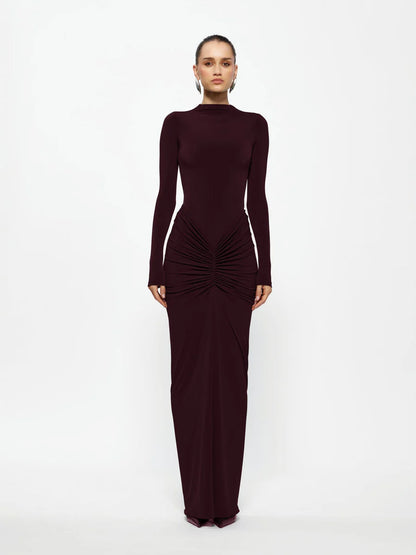 Tia Bodysuit and Kayson Maxi Skirt in Black Cherry