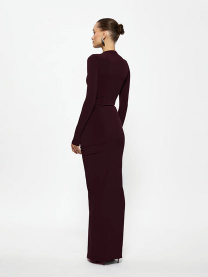 Tia Bodysuit and Kayson Maxi Skirt in Black Cherry
