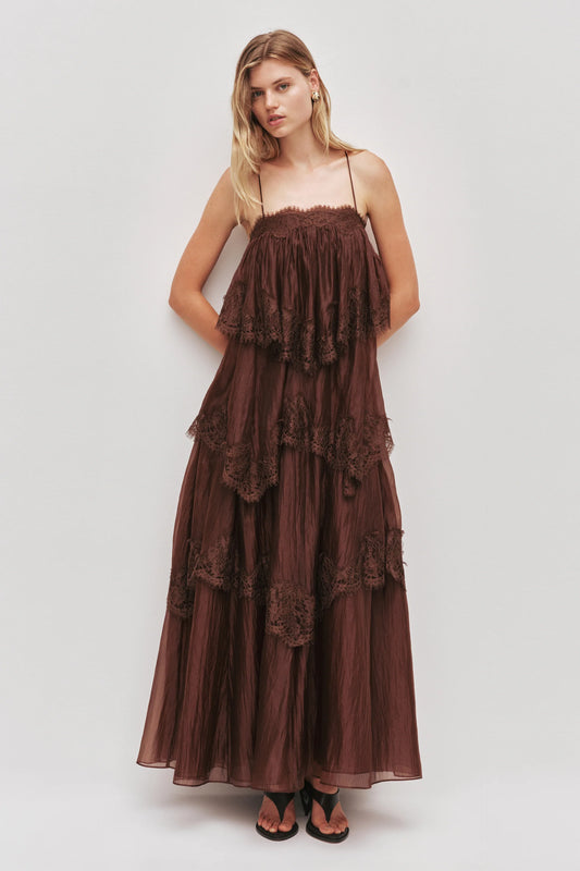 AJE Ophelia Lace Gown in Chocolate - Size 8