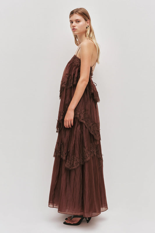 AJE Ophelia Lace Gown in Chocolate - Size 8