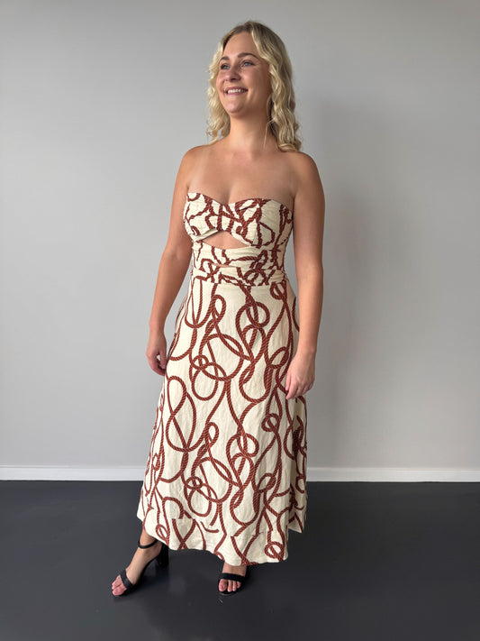 Shona Joy Mouillage Linen Strapless Cut Out A Line Midi Dress - Size 12