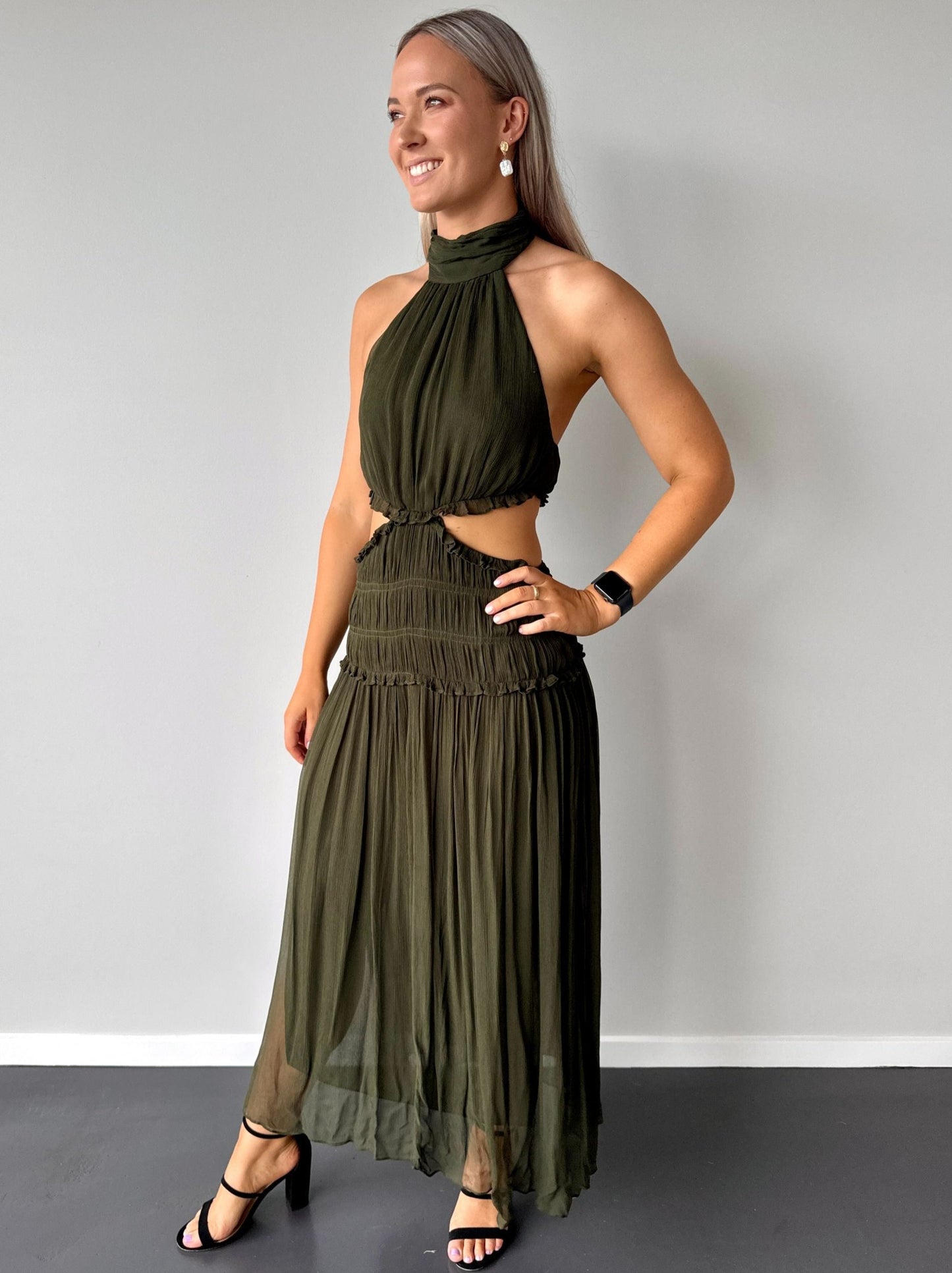 Shona Joy Safira High Neck Cut Out Midi in Olive Green - Size 10