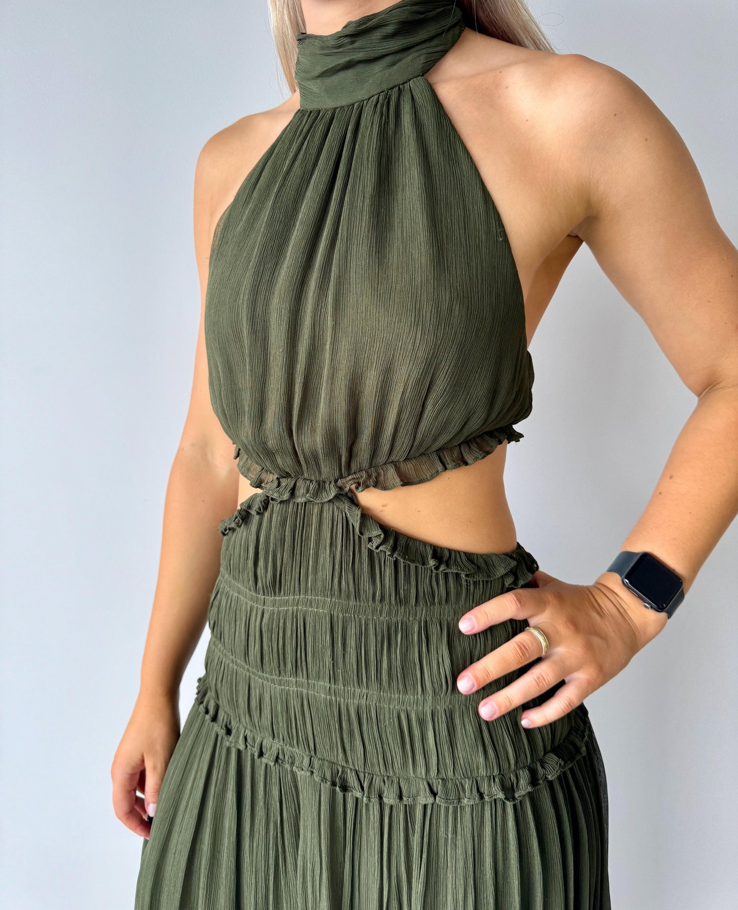 Shona Joy Safira High Neck Cut Out Midi in Olive Green - Size 10