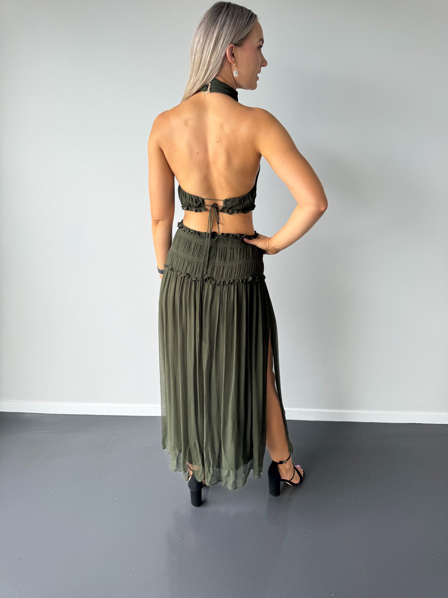 Shona Joy Safira High Neck Cut Out Midi in Olive Green - Size 10