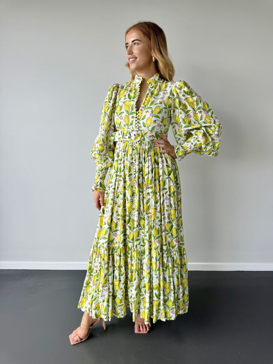 Palm Noosa Royal Flush Dress in Lemon Print - Size 10