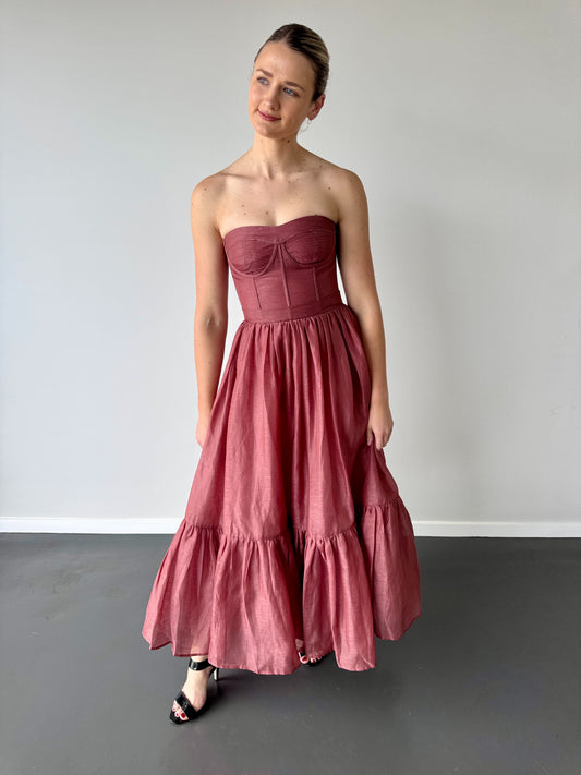 Leo Lin Rae Bustier Midi Dress in Burgundy - Size 6